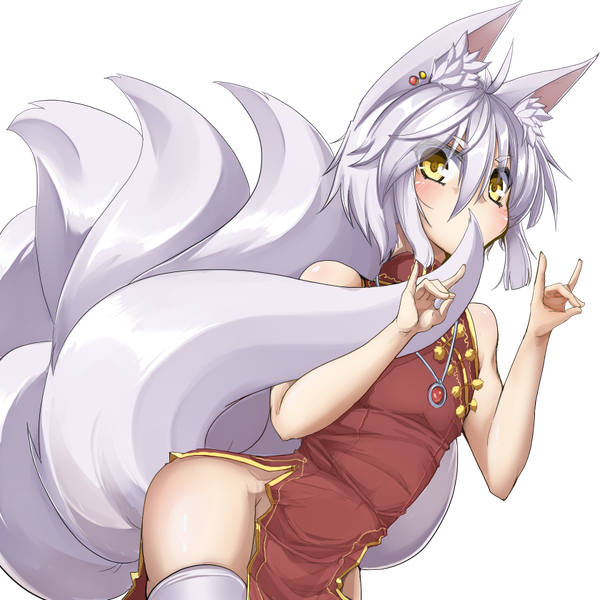 Anime picture 840x840 with original amino dopple (artist) single looking at viewer blush fringe short hair light erotic animal ears yellow eyes silver hair ahoge tail traditional clothes animal tail leaning embarrassed no panties fox ears fox tail