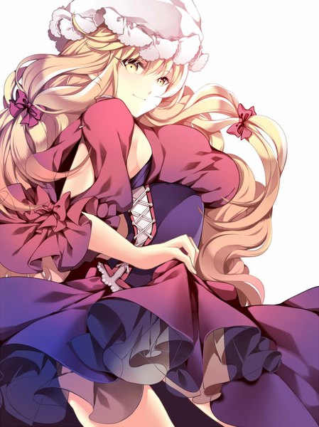 Anime picture 800x1069 with touhou yakumo yukari roh nam kyung single long hair tall image looking at viewer blonde hair simple background white background yellow eyes light smile girl bow hair bow bonnet