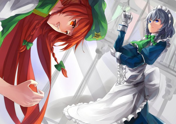 Anime picture 1500x1062 with touhou izayoi sakuya hong meiling three k (spiritus no honoo) long hair looking at viewer short hair open mouth blue eyes red eyes multiple girls red hair braid (braids) grey hair maid twin braids girl gloves 2 girls headdress