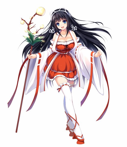 Anime picture 1040x1200 with migumigu single long hair tall image looking at viewer open mouth blue eyes black hair simple background white background girl thighhighs dress detached sleeves white thighhighs staff