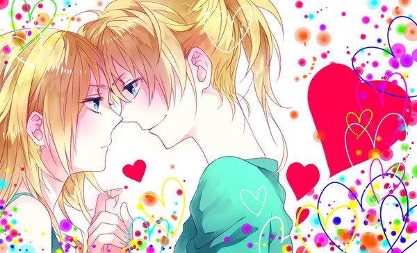 Anime picture 1024x623 with vocaloid kagamine rin kagamine len tayuya1130 short hair blue eyes blonde hair smile wide image ponytail profile couple face to face girl boy heart