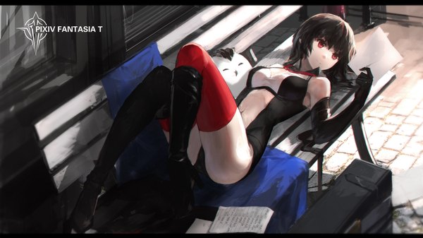 Anime picture 1890x1063 with original pixiv fantasia pixiv fantasia t swd3e2 single long hair highres light erotic black hair red eyes wide image lying girl thighhighs gloves elbow gloves boots thigh boots paper bench