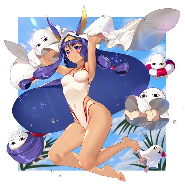 Anime picture 1493x1500 with fate (series) fate/grand order nitocris (fate) medjed nitocris (swimsuit assassin) (fate) murakami yuichi single tall image looking at viewer light erotic smile purple eyes sky purple hair full body bent knee (knees) very long hair bare legs covered navel facial mark