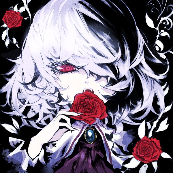 Anime picture 1000x1000 with touhou remilia scarlet uni (bom19850101) single looking at viewer fringe short hair open mouth red eyes purple hair fingernails hair over one eye fang (fangs) black background portrait long fingernails vampire no hat girl flower (flowers)