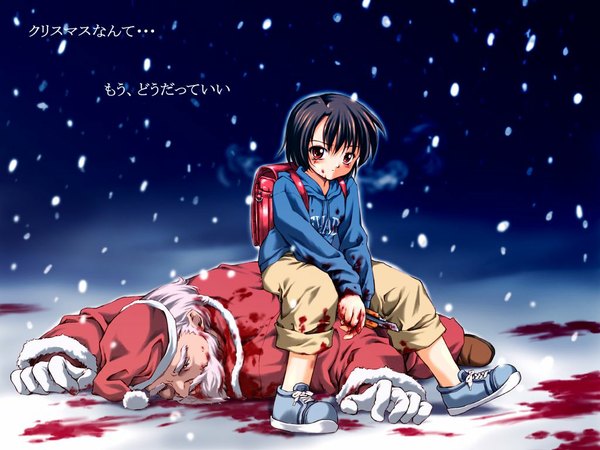 Anime picture 1024x768 with santa claus nevada-tan christmas blood santa claus hat