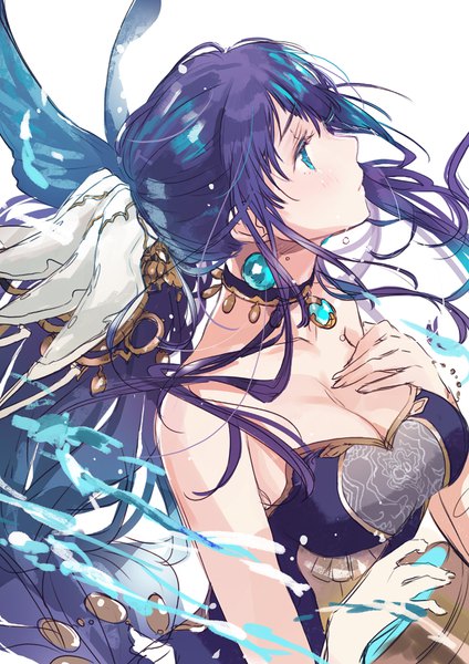 Anime picture 707x1000 with sinoalice ningyo hime (sinoalice) fly (marguerite) single long hair tall image fringe breasts light erotic large breasts white background bare shoulders payot looking away cleavage purple hair upper body ponytail profile aqua eyes
