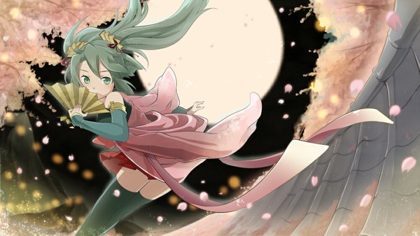 Anime picture 1000x562 with vocaloid hatsune miku huyuzora single long hair wide image twintails traditional clothes aqua eyes aqua hair girl thighhighs black thighhighs detached sleeves petals moon fan