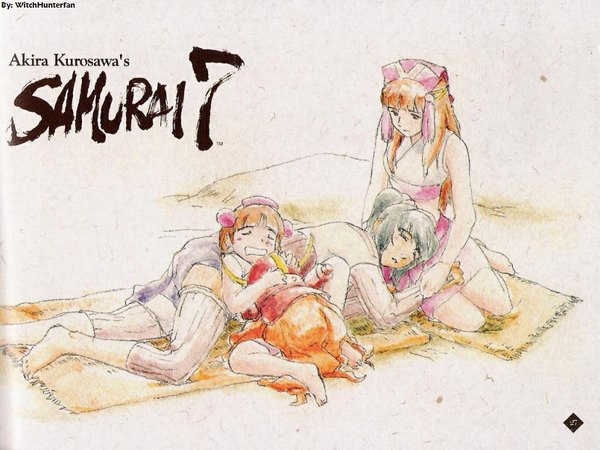 Anime picture 1024x768 with samurai 7 gonzo katsushiro okamoto kirara komachi sitting ponytail lying eyes closed barefoot orange hair sleeping hair ornament child (children)