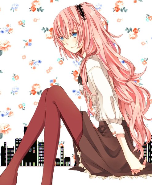 Anime picture 1124x1368 with vocaloid megurine luka tagme (artist) single long hair tall image fringe blue eyes white background sitting pink hair light smile floral background girl skirt flower (flowers) shirt pantyhose hairband building (buildings)