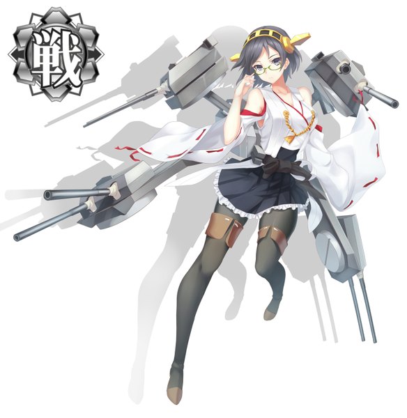 Anime picture 1556x1600 with kantai collection kirishima battleship zi se single tall image short hair blue eyes black hair white background shadow nontraditional miko girl hair ornament weapon pantyhose glasses thigh boots