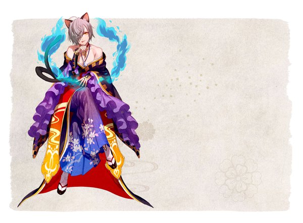 Anime picture 1133x835 with yuugen romantica rejet arahagi tayuya1130 single fringe short hair bare shoulders animal ears yellow eyes full body tail traditional clothes japanese clothes animal tail grey hair cat ears hair over one eye official art cat tail