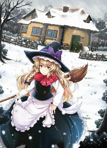 Anime picture 761x1049 with touhou kirisame marisa jianren long hair tall image blonde hair yellow eyes dutch angle snowing winter snow witch girl dress skirt bow building (buildings) witch hat skirt set broom