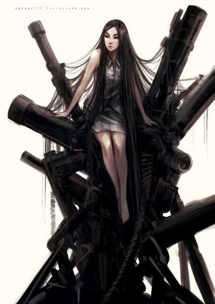 Anime picture 1200x1697 with original aditya777 (artist) single tall image black hair white background sitting signed very long hair barefoot black eyes realistic sleeveless girl dress weapon