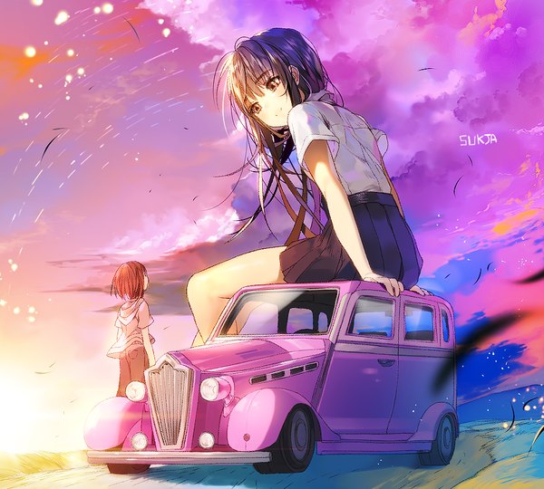 Anime picture 1000x900 with original sorolp long hair short hair black hair standing multiple girls brown eyes signed looking away cloud (clouds) outdoors red hair head tilt pleated skirt from behind sunlight arm support short sleeves evening