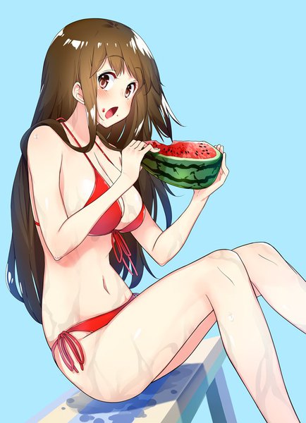 Anime picture 709x979 with kantai collection akagi aircraft carrier amayu single long hair tall image blush breasts open mouth light erotic simple background red eyes brown hair large breasts sitting :o wet blue background food on face girl
