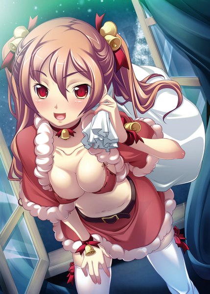 Anime picture 1482x2073 with original hikage eiji tall image blush breasts open mouth light erotic red eyes brown hair twintails cleavage night fur trim bell collar girl thighhighs navel white thighhighs fur bell
