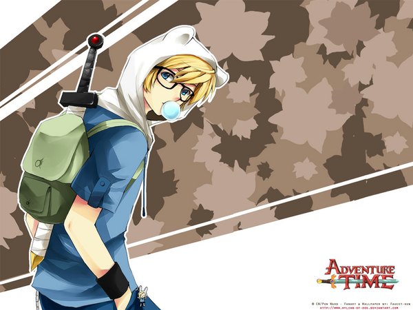 Anime picture 1024x768 with adventure time fionna (adventure time) finn the human hylian-of-ooo (artist) single looking at viewer short hair blue eyes blonde hair animal ears from behind inscription hands in pockets boy sword glasses hood bubble (bubbles) backpack wristlet