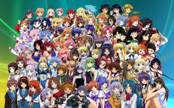 Anime picture 1440x900 with fate (series) idolmaster fate/stay night bleach neon genesis evangelion suzumiya haruhi no yuutsu code geass mobile suit gundam mahou shoujo lyrical nanoha lucky star ikkitousen card captor sakura clannad shakugan no shana fullmetal alchemist air hayate no gotoku! shingetsutan tsukihime zero no tsukaima mahou sensei negima!