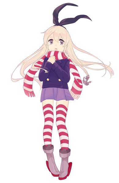 Anime picture 1103x1700 with kantai collection shimakaze destroyer kise (swimmt) single long hair tall image looking at viewer simple background blonde hair white background purple eyes alternate costume zettai ryouiki girl thighhighs skirt hair ornament ribbon (ribbons) hair ribbon miniskirt