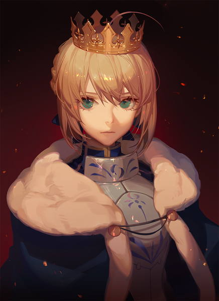 Anime picture 727x1000 with fate (series) fate/stay night artoria pendragon (all) saber ask (askzy) single tall image looking at viewer fringe short hair simple background blonde hair hair between eyes green eyes ahoge realistic fur trim black background portrait expressionless