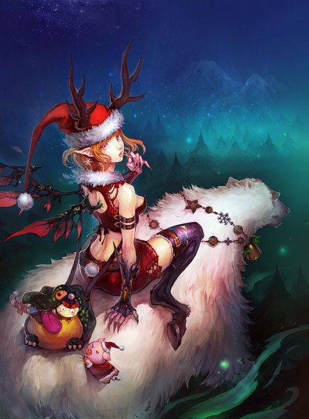 Anime picture 887x1200 with original fooltown tall image looking at viewer short hair sitting pink eyes looking back horn (horns) pointy ears orange hair night christmas mountain flying christmas elf girl skirt gloves plant (plants)