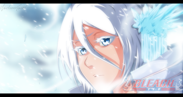 Anime picture 2261x1209 with bleach studio pierrot kuchiki rukia nuclearagent single fringe highres short hair blue eyes hair between eyes wide image white hair inscription copyright name coloring watermark snowing letterboxed winter close-up