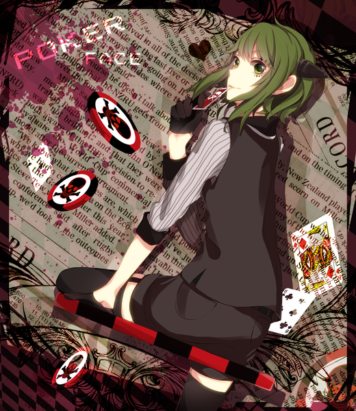 Anime picture 1178x1357 with vocaloid poker face (vocaloid) gumi hiiro (artist) single tall image short hair smile green eyes horn (horns) green hair facial mark girl thighhighs gloves black thighhighs card (cards)