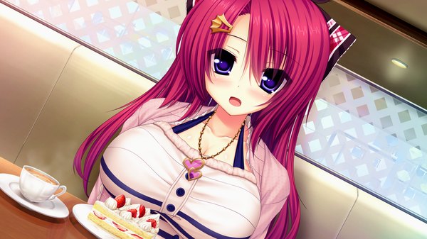 Anime picture 1280x720 with yakimochi stream ibuki kohane syroh single long hair looking at viewer blush open mouth blue eyes wide image game cg red hair girl dress bow hair bow sweets pendant cake