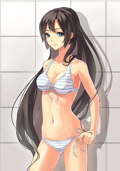 Anime picture 1300x1838 with original fkey single long hair tall image looking at viewer blue eyes light erotic black hair standing bare belly wet front-tie top girl navel swimsuit bikini striped bikini