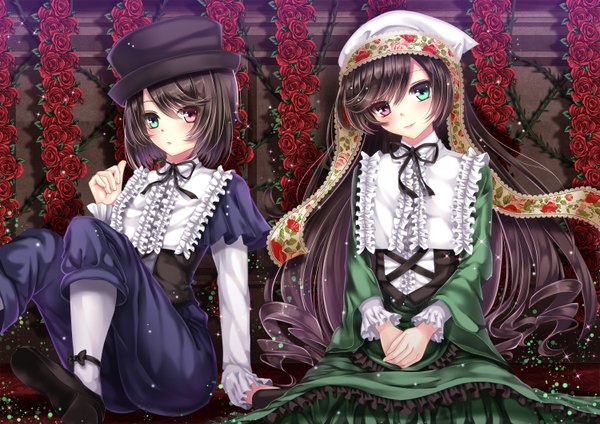 Anime picture 1500x1060 with rozen maiden suiseiseki souseiseki toshi (1-147) long hair looking at viewer blush short hair black hair smile red eyes sitting multiple girls green eyes lips heterochromia lolita fashion girl dress flower (flowers)