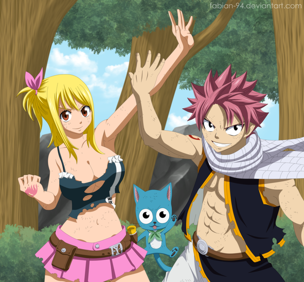Anime picture 2500x2327 with fairy tail lucy heartfilia natsu dragneel happy (fairy tail) fabiansm long hair highres short hair light erotic black hair blonde hair smile brown eyes pink hair sky cloud (clouds) pleated skirt armpit (armpits) midriff tattoo
