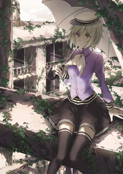 Anime picture 1000x1414 with vocaloid ama no jaku (vocaloid) gumi rudrawong single tall image fringe short hair sitting holding green eyes looking away green hair sunlight girl thighhighs skirt black thighhighs plant (plants) building (buildings)