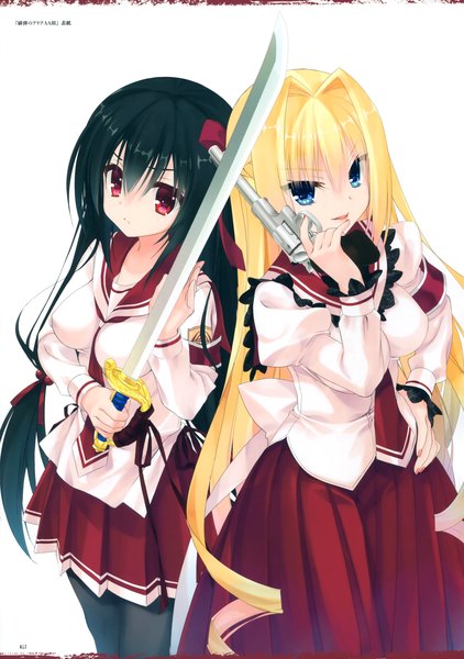 Anime picture 2674x3800 with hidan no aria kobuichi tall image highres blue eyes black hair simple background blonde hair red eyes white background multiple girls very long hair scan girl dress skirt uniform weapon 2 girls school uniform