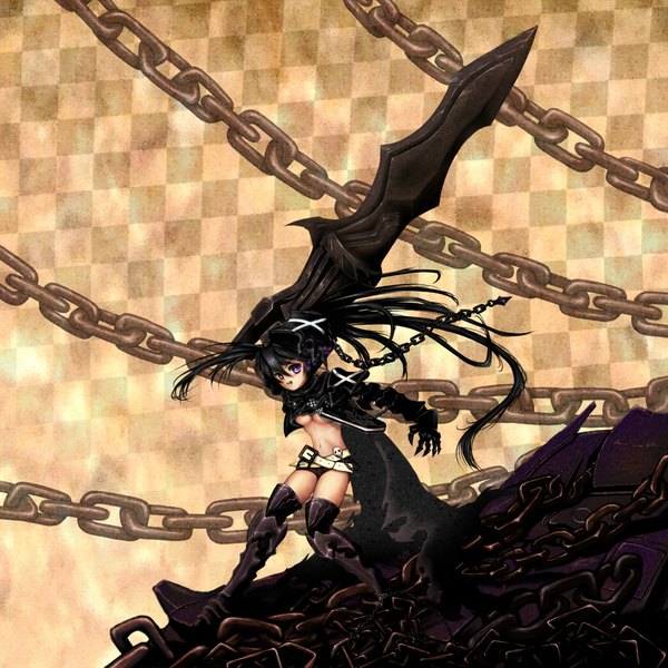 Anime picture 2000x2000 with black rock shooter black rock shooter (character) comma single long hair highres breasts open mouth light erotic black hair purple eyes girl weapon shorts chain huge weapon huge sword
