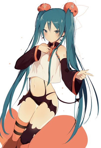 Anime picture 833x1223 with vocaloid hatsune miku lpip single tall image looking at viewer blush fringe light erotic simple background hair between eyes white background twintails bare shoulders tail very long hair aqua eyes light smile aqua hair wide sleeves