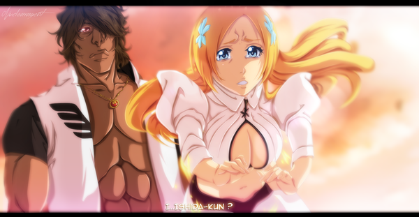 Anime picture 1800x934 with bleach studio pierrot inoue orihime sado yasutora nuclearagent long hair fringe highres short hair blue eyes light erotic brown hair wide image traditional clothes japanese clothes pink eyes sunlight hair over one eye orange hair coloring