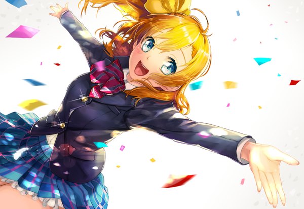 Anime picture 1600x1101 with love live! school idol project sunrise (studio) love live! kousaka honoka kanipanda single long hair blush fringe open mouth blue eyes blonde hair white background looking away pleated skirt sunlight one side up plaid skirt happy spread arms