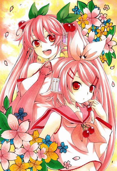 Anime picture 1200x1754 with vocaloid hatsune miku kagamine rin sakura miku sakura rin kanna (chaos966) long hair tall image looking at viewer blush short hair open mouth red eyes twintails multiple girls pink hair girl hair ornament flower (flowers) bow