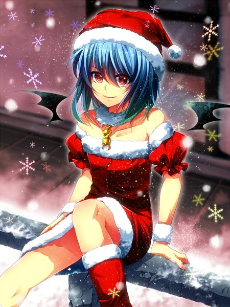 Anime picture 1000x1333 with touhou remilia scarlet kuga huna single tall image short hair red eyes bare shoulders blue hair from above dutch angle fur trim snowing christmas winter snow merry christmas girl wings fur