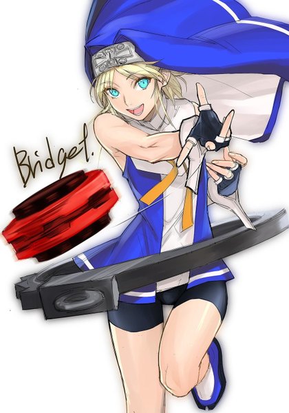 Anime picture 1024x1462 with guilty gear guilty gear xx bridget (guilty gear) tagme (artist) single tall image short hair open mouth simple background blonde hair smile standing white background bare shoulders looking away bent knee (knees) aqua eyes inscription bare legs character names