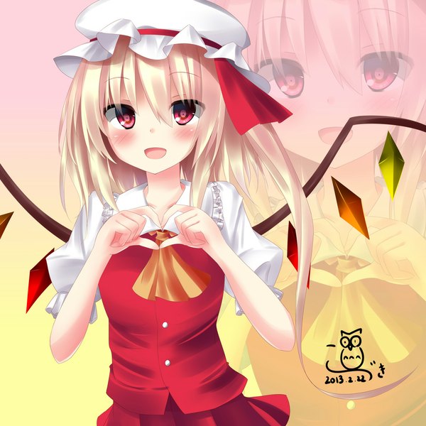Anime picture 1000x1000 with touhou flandre scarlet kouzuki fukurou single blush short hair open mouth blonde hair red eyes dated zoom layer heart hands girl dress wings bonnet crystal