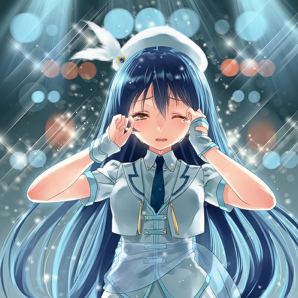 Anime picture 800x800 with love live! school idol project sunrise (studio) love live! sonoda umi yasuyuki single long hair looking at viewer blush fringe brown eyes blue hair parted lips one eye closed tears crying glow girl gloves necktie