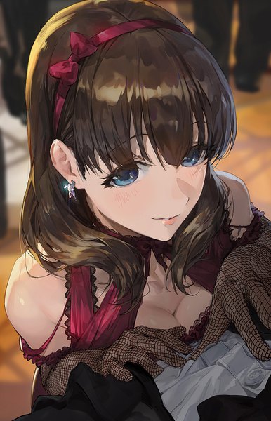 Anime picture 1000x1554 with idolmaster idolmaster cinderella girls sakuma mayu modare long hair tall image looking at viewer blush fringe breasts blue eyes smile hair between eyes brown hair bare shoulders cleavage blunt bangs parted lips solo focus fishnet