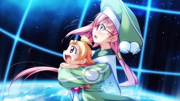 Anime picture 1024x576 with taiyou no promia amari na bembe berbel promia long hair open mouth red eyes wide image pink hair game cg chibi girl glasses