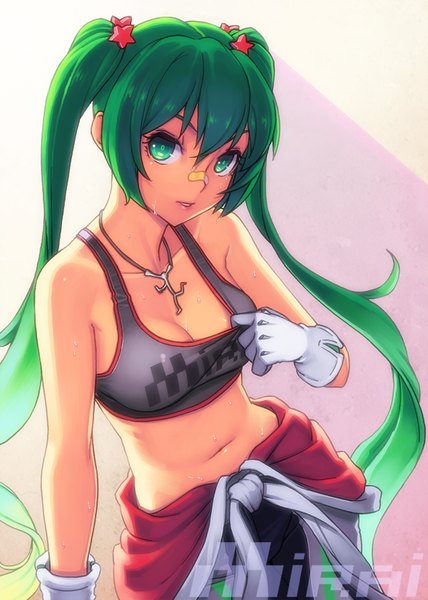 Anime picture 600x840 with vocaloid hatsune miku yuksi (loveispbb) single long hair tall image fringe breasts twintails bare shoulders aqua eyes aqua hair bare belly sweat bandaid on nose girl gloves navel hair ornament white gloves
