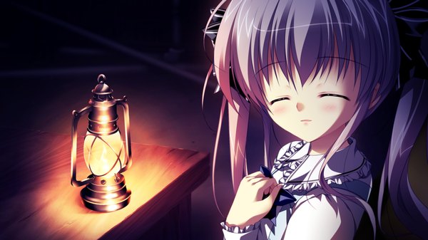 Anime picture 1280x720 with root double kotono yuuri long hair wide image twintails game cg eyes closed grey hair girl dress ribbon (ribbons) hair ribbon lamp