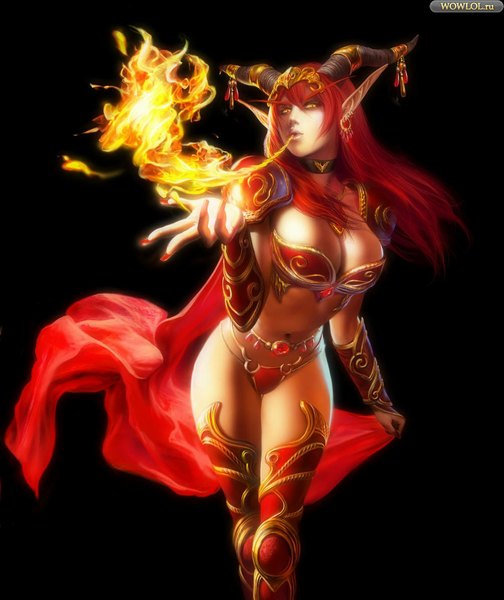 Anime picture 1004x1195 with world of warcraft blizzard entertainment alexstrasza single long hair tall image looking at viewer breasts light erotic yellow eyes red hair horn (horns) demon girl dragon girl girl choker armor cape fire