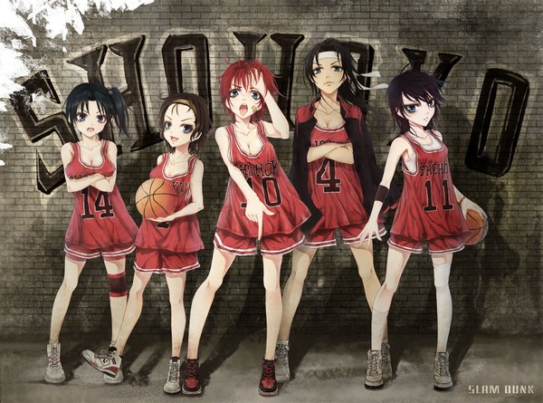 Anime picture 1772x1316 with slam dunk (series) sakuragi hanamichi rukawa kaede mitsui hisashi miyagi ryouta akagi takenori wait (artist) long hair highres short hair open mouth blue eyes light erotic black hair multiple girls red hair genderswap girl uniform shoes