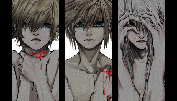 Anime picture 1100x627 with kingdom hearts square enix roxas sora (kingdom hearts) riku (kingdom hearts) ihiro looking at viewer fringe short hair blue eyes blonde hair wide image grey hair hair over one eye multiple boys multiview column lineup boy blood 3 boys