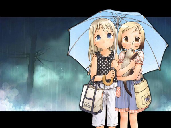 Anime picture 1024x768 with ichigo mashimaro ana coppola sakuragi matsuri john (ichigo mashimaro) barasui multiple girls rain shared umbrella girl 2 girls umbrella ferret